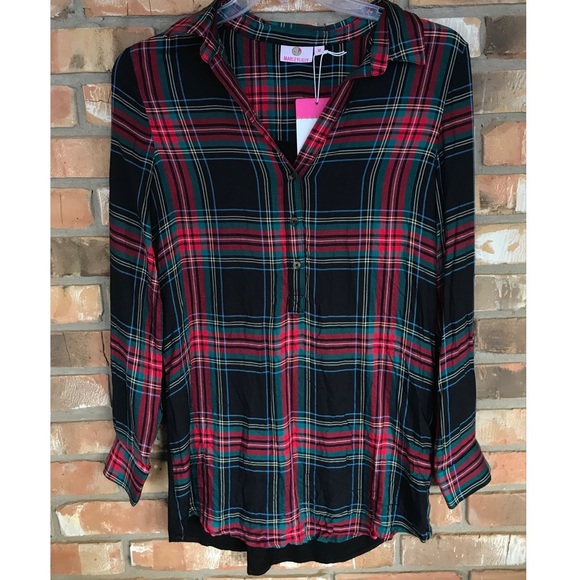 MarleyLily Women’s Collared Layering Half Button Down Plaid Tunic Top Medium - Picture 1 of 8
